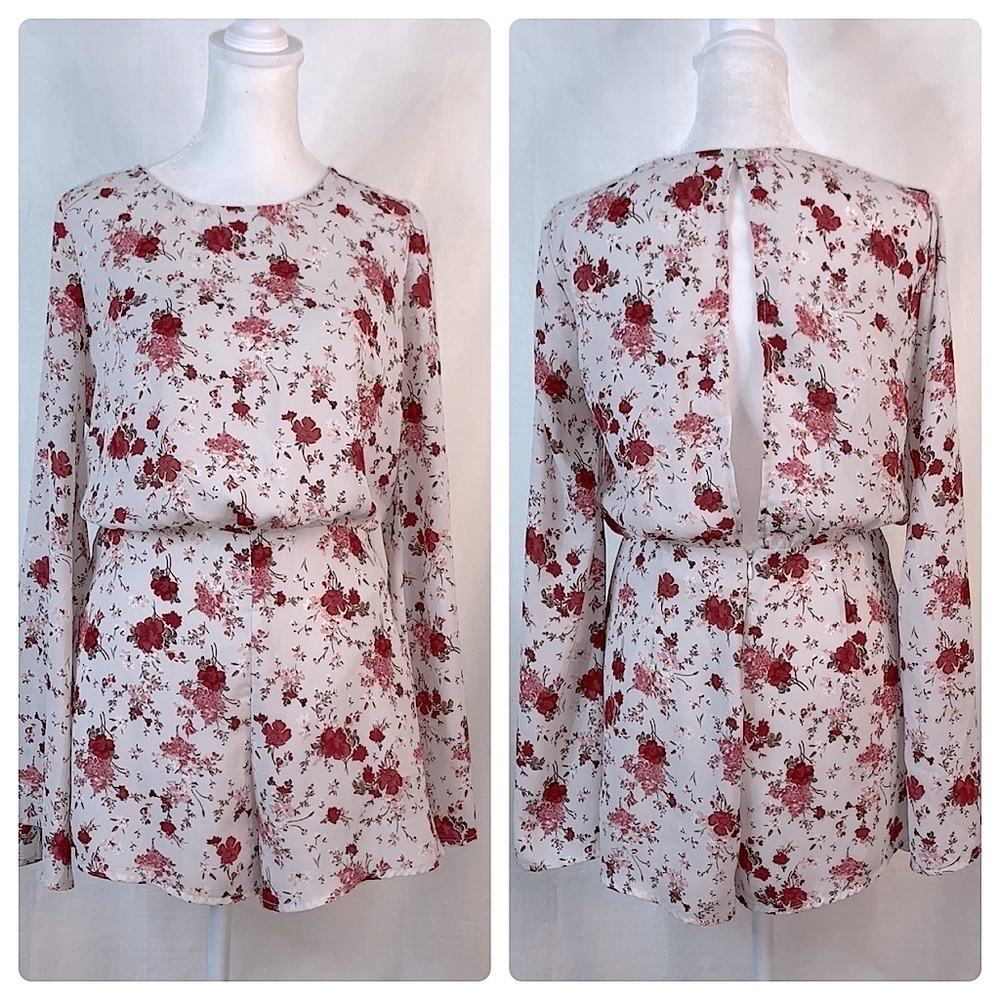 Forever 21 Pink Open Back Floral Romper with Bell Sleeve
